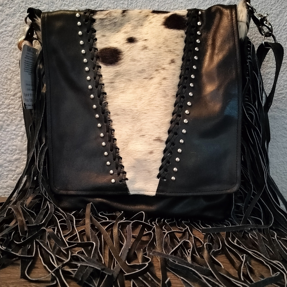 Chic Black and White Leather Fringe Shoulder Bag